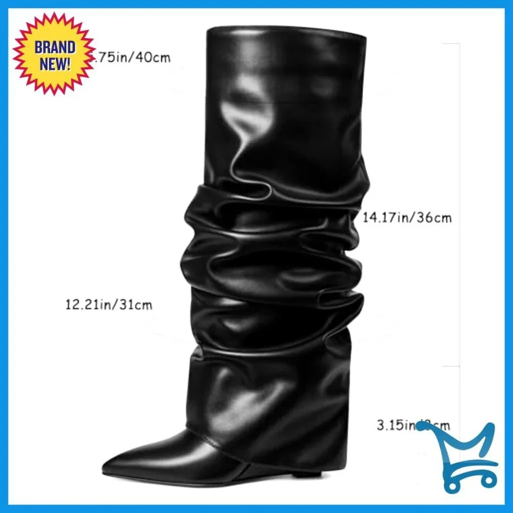Wedge Heel Knee High Boots Slouch Fold Over Wide Calf Pointed Toe - Picture 4 of 7